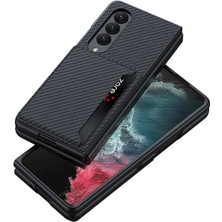 Case 4U Samsung Galaxy Z Fold 4 Uyumlu Kılıf Karbon Fiber Arka Yüzey Kartlıklı Kıpta Silikon Kapak Siyah