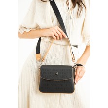 Just Polo Siyah - Taba Baskı Desenli Kolon Askılı 4 Bölmeli Kadın Omuz Çantası 25X15CM PBU2184
