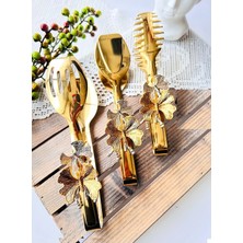 WuuQ Lüx - Çelik 3 Lü Servis Maşa Çeyiz Seti Gold Renk Titanyum Kaplama - Kelebek Model