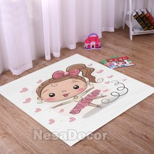 Nesa_Decor Prenses Kız Desenli Kalpli Halı Dijital Baskı Yıkanabilir Kaymaz Taban Kız Çocuk Odası Halısı