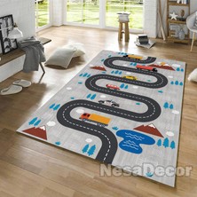 Nesa_Decor Yol ve Araba Temalı Kaymaz Taban Çocuk Oyun Halısı Dijital Baskı Makinede Yıkanabilir