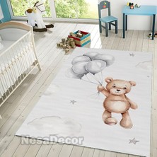 Nesa_Decor Dokuma Taban Yıkanabilir Balonlu Ayıcık ve Bulutlar Desenli Dijital Baskılı Çocuk Halısı