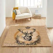 Nesa_Decor Kahverengi Zeminde Geyik Kafası Desenli Yeni Yıl Halısı Yılbaşı Halısı