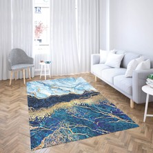 Nesa_Decor Mavi Mermer Desenli Gold Beyaz Kaymaz Taban Yıkanabilir Dijital Baskı Halı