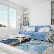 Nesa_Decor Mavi Mermer Desenli Gold Beyaz Kaymaz Taban Yıkanabilir Dijital Baskı Halı