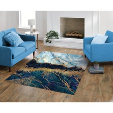 Nesa_Decor Mavi Mermer Desenli Gold Beyaz Kaymaz Taban Yıkanabilir Dijital Baskı Halı