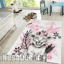 Nesa_Decor Pembe Kaplan Figürlü Çocuk Odası Halısı Dijital Baskı Yıkanabilir Kaymaz Taban