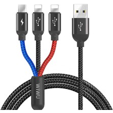 Wiwu YZ100 3 In 1 USB Kablo Lightning + Lightning + Micro 3A Hızlı Şarj Kablosu 480 Mbps 120 cm