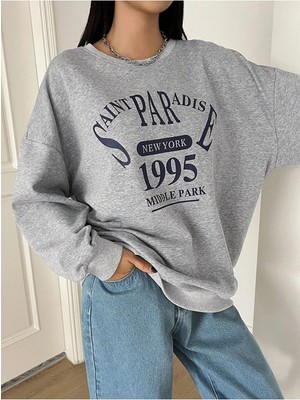 Trendseninle Kadın Saint Paradise Baskılı Oversize Sweatshirt