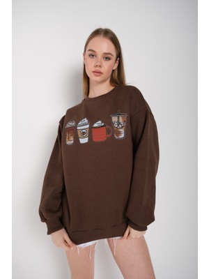 Trendseninle Kadın Oversize Coffee Baskılı Sweatshirt