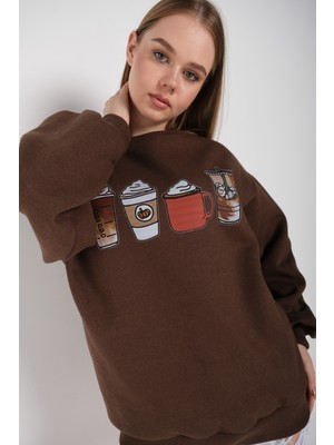 Trendseninle Kadın Oversize Coffee Baskılı Sweatshirt