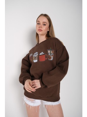 Trendseninle Kadın Oversize Coffee Baskılı Sweatshirt