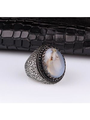 Tesbih Sepetim 925 Ayar Gümüş Yemen Akik Taşlı Kalem Motifli Yüzük