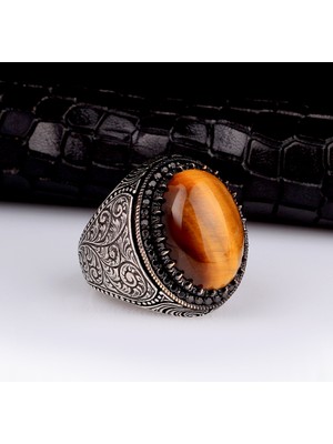 Tesbih Sepetim 925 Ayar Gümüş Kaplangözü Taşlı Kalem Motifli Yüzük