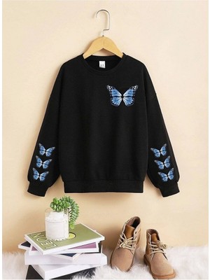 Feville Siyah Mavi Kelebek Butterfly Baskılı Kız Sweatshirt