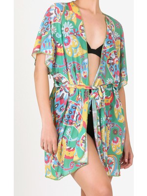 Hamur Pareo Plaj Elbisesi Kimono Std Şal Desen Yesil