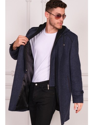 Dewberry Palto Kadın Kullanıma Uygun Yünlü Düz Desenli Lacivert Midi Uzun Kol