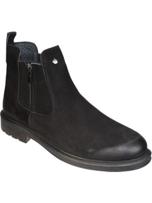 M.P. Erkek Deri Siyah Nubuk Içi Peluş Lastikli Fermuarlı Chelsea Bot