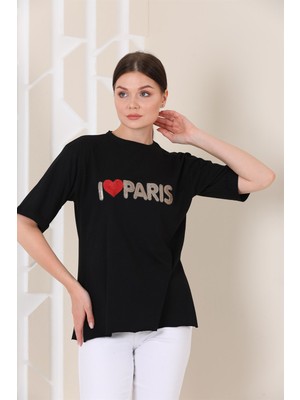 Westbound Bayan Oversize Paris Baskılı Yırtmaçlı T-Shirt