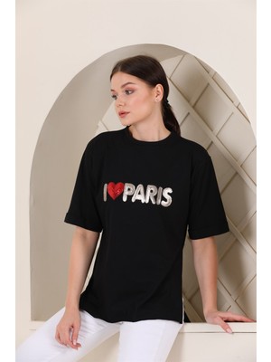 Westbound Bayan Oversize Paris Baskılı Yırtmaçlı T-Shirt