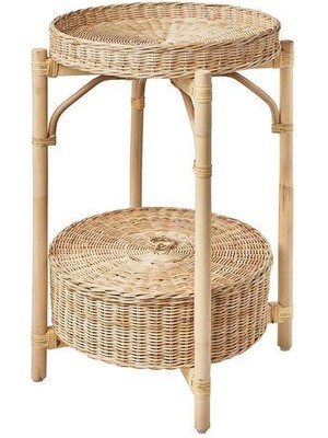 IKEA 2 Katlı Rattan Komodin-Sehpa Meridyendukkan 52 cm Doğal El Örmesi Çıkarılabilir Tepsi