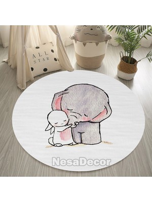 Nesa_Decor Yuvarlak Fil Desenli Dijital Baskı, Yıkanabilir Halı, Sevimli Çocuk Odası Halısı