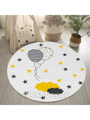 Nesa_Decor Beyaz Balon ve Bulut Desenli Makinede Yıkanabilir Dokuma Taban Çocuk Odası Halısı