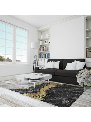 Nesa_Decor Siyah Beyaz Mermer Desenli Gold Yıkanabilir Kaymaz Tabanlı Halı