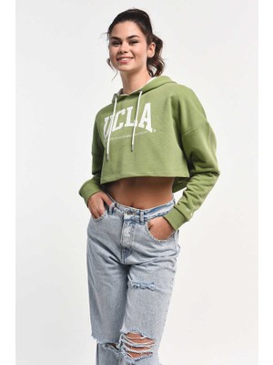 Ucla Sausa Yeşil Kapüşonlu Baskılı Kadın Sweatshirt