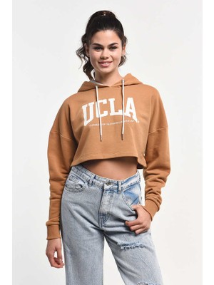 Ucla Sausa Kahve Kapüşonlu Baskılı Kadın Sweatshirt