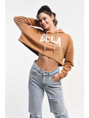 Ucla Sausa Kahve Kapüşonlu Baskılı Kadın Sweatshirt