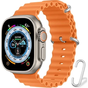 M.TK Moveteck Apple Watch Ultra Uyumlu 49MM Kordon Silikon Naylon Kayış Baklalı Bileklik Loop Hasır Ayarlanabilir Kancalı Tokalı Orange Albine Loop Titanium Fit Case