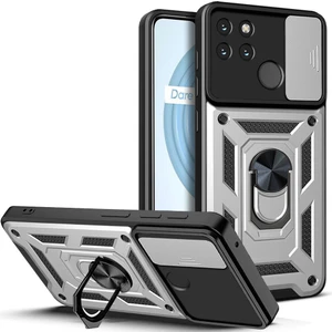 Oppo Realme C21Y Için Kaydırmalı Kamera Kapaklı ve Halka Tutucu Standlı Sağlam Zırh Koruma Çantası Kılıf (Yurt Dışından)