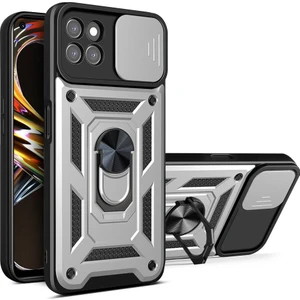 Oppo Realme 8i Için Kaydırmalı Kamera Kapaklı ve Halka Tutucu Standlı Sağlam Zırh Koruma Çantası Kılıf (Yurt Dışından)