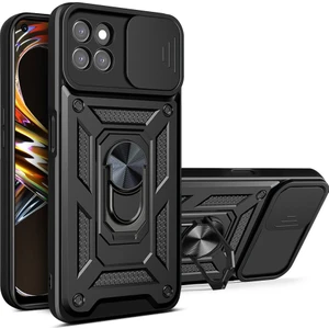 Oppo Realme 8i Için Kaydırmalı Kamera Kapaklı ve Halka Tutucu Standlı Sağlam Zırh Koruma Çantası Kılıf (Yurt Dışından)