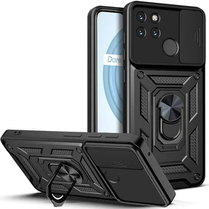 Oppo Realme C21Y Için Kaydırmalı Kamera Kapaklı ve Halka Tutucu Standlı Sağlam Zırh Koruma Çantası Kılıf (Yurt Dışından)