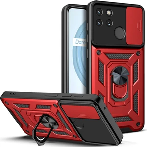 Oppo Realme C21Y Için Kaydırmalı Kamera Kapaklı ve Halka Tutucu Standlı Sağlam Zırh Koruma Çantası Kılıf (Yurt Dışından)