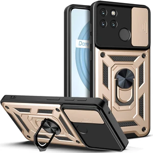 Oppo Realme C21Y Için Kaydırmalı Kamera Kapaklı ve Halka Tutucu Standlı Sağlam Zırh Koruma Çantası Kılıf (Yurt Dışından)
