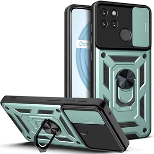 Oppo Realme C21Y Için Kaydırmalı Kamera Kapaklı ve Halka Tutucu Standlı Sağlam Zırh Koruma Çantası Kılıf (Yurt Dışından)