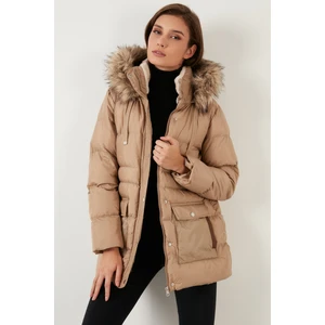 Regular Fit Yakası Suni Kürklü Kapüşonlu Cepli Mont Bayan Mont 497IRMAK