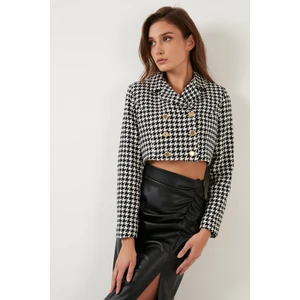Kazayağı Desenli Düğmeli Slim Fit Crop Ceket Bayan Ceket 611C007