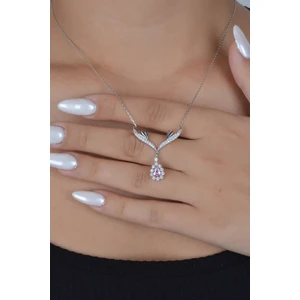 925 Ayar Gümüş Pembe Damla Taşlı Tasarım Kolye