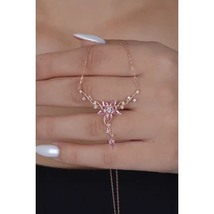 925 Ayar Gümüş Rose Daldaki Gonca Pembe Çiçek Kolye