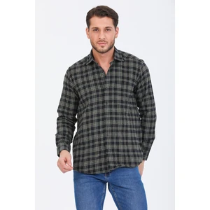 Erkek Askeri Yeşil Uzun Kol Kareli Cepli Yaka Düğmeli Kışlık Gömlek