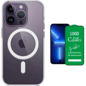 iPhone 14 Pro Max Uyumlu (14 Pro Max) Magsafe Şarj Destekli Darbe Dirençli Fit Hard Silikon Kılıf + Seramik Nano Ekran Koruyucu