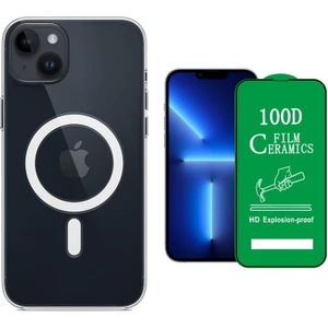 iPhone 14 Plus Uyumlu (14 Plus) Magsafe Şarj Destekli Darbe Dirençli Fit Hard Silikon Kılıf + Seramik Nano Ekran Koruyucu
