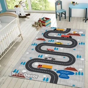 Nesa_Decor Yol ve Araba Temalı Kaymaz Taban Çocuk Oyun Halısı Dijital Baskı Makinede Yıkanabilir