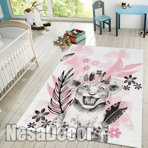 Nesa_Decor Pembe Kaplan Figürlü Çocuk Odası Halısı Dijital Baskı Yıkanabilir Kaymaz Taban
