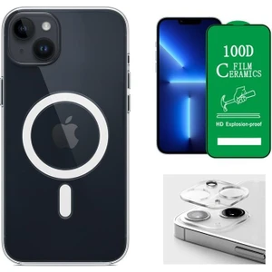 iPhone 14 Plus Uyumlu (14 Plus) Magsafe Şarj Destekli Darbe Dirençli Fit Hard Silikon Kılıf + Kamera Lens + Seramik Nano Ekran Koruyucu