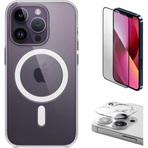 iPhone 14 Pro Max Uyumlu (14 Pro Max) Magsafe Şarj Destekli Darbe Dirençli Fit Hard Silikon Kılıf + Kamera Lens + Cam Ekran Koruyucu